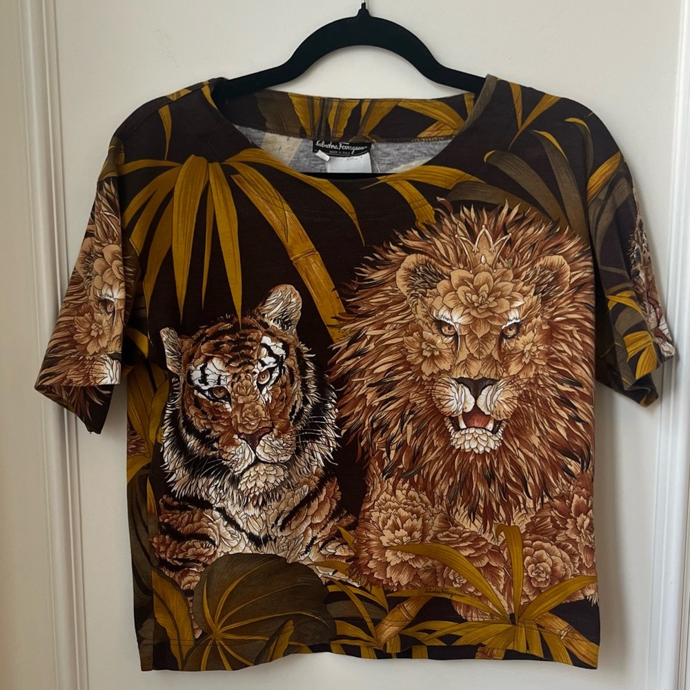 Salvatore Ferragamo Vintage Jungle Animal Lion Tiger Shirt Women’s Size Small